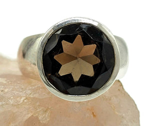 Round Smoky Quartz Ring, size L, Sterling Silver, 7 carats, Scorpio Zodiac, Grounding - GemzAustralia 