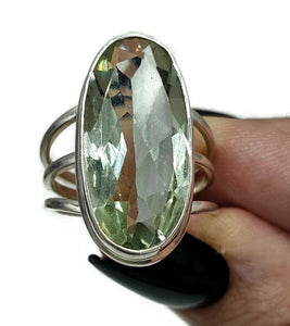 Green Amethyst Ring, Size Q, Sterling Silver, Prasiolite Ring, Oval Faceted, Split Band Ring - GemzAustralia 