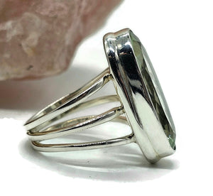 Green Amethyst Ring, Size Q, Sterling Silver, Prasiolite Ring, Oval Faceted, Split Band Ring - GemzAustralia 