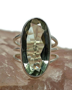 Green Amethyst Ring, Size Q, Sterling Silver, Prasiolite Ring, Oval Faceted, Split Band Ring - GemzAustralia 