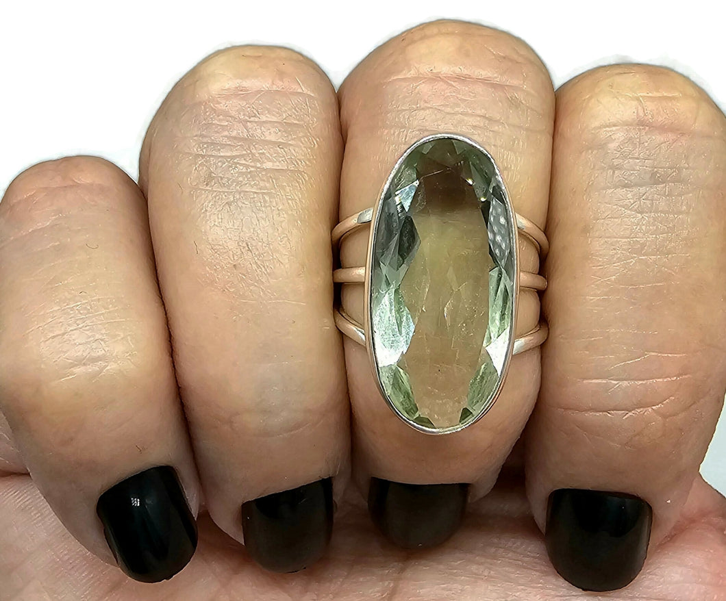 Green Amethyst Ring, Size Q, Sterling Silver, Prasiolite Ring, Oval Faceted, Split Band Ring - GemzAustralia 