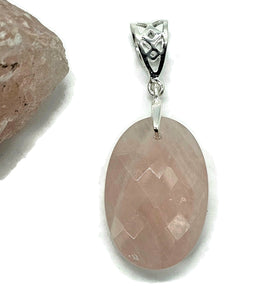 Rose Quartz Pendant, 29 Carats, Sterling Silver, Oval Faceted, Love Stone - GemzAustralia 