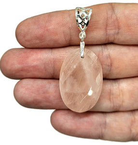 Rose Quartz Pendant, 29 Carats, Sterling Silver, Oval Faceted, Love Stone - GemzAustralia 