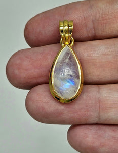 Rainbow Moonstone Pendant, Gold Plated Sterling Silver, Teardrop Shape, Goddess Stone - GemzAustralia 