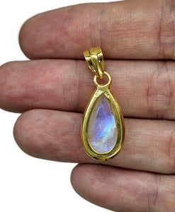 Rainbow Moonstone Pendant, Gold Plated Sterling Silver, Teardrop Shape, Goddess Stone - GemzAustralia 