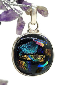 Multi-coloured Dichroic Glass Pendant, Sterling Silver, Round Shaped, Glass Art - GemzAustralia 