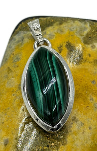 Marquise Malachite Pendant, Sterling Silver, Rich Green Gemstone, Bezel Setting - GemzAustralia 