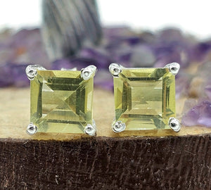 Lemon Quartz Studs, 11.6 carats, Sterling Silver, Square Shaped Earrings, Emerald Faceted - GemzAustralia 