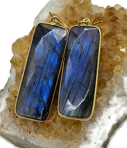 Gorgeous Labradorite Earrings, Rectangle Shaped, 18k gold plated Sterling Silver - GemzAustralia 