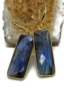 Gorgeous Labradorite Earrings, Rectangle Shaped, 18k gold plated Sterling Silver - GemzAustralia 