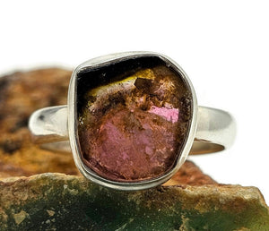 Watermelon Tourmaline Ring, Size S, Sterling Silver, Pink & Green Tourmaline, Heart Stone - GemzAustralia 