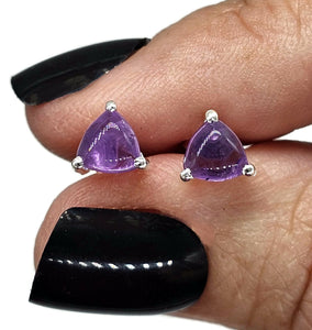 Amethyst Studs, Sterling Silver, Triangle Cabochons, Solitaire studs, Prong Set Earrings - GemzAustralia 