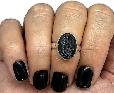 Black Tourmaline Ring, Size M, Sterling Silver, Rough Gem, October Birthstone - GemzAustralia 
