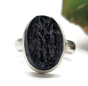 Black Tourmaline Ring, Size M, Sterling Silver, Rough Gem, October Birthstone - GemzAustralia 