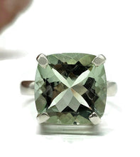 Load image into Gallery viewer, Green Amethyst Ring, Size R, Cushion Cut, Sterling Silver, Prasiolite Ring, Clears Negativity - GemzAustralia 