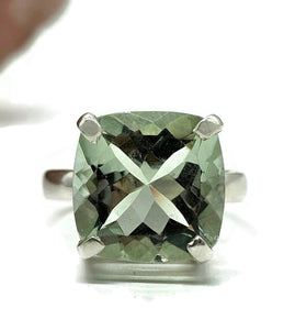 Green Amethyst Ring, Size R, Cushion Cut, Sterling Silver, Prasiolite Ring, Clears Negativity - GemzAustralia 