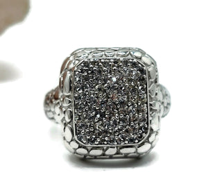 White Topaz Ring, Size S, Sterling Silver, Pave Set Gemstones, Rectangle Shaped - GemzAustralia 