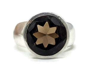 Round Smoky Quartz Ring, size L, Sterling Silver, 7 carats, Scorpio Zodiac, Grounding - GemzAustralia 