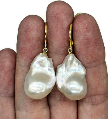 White Flameball Pearl Earrings, Baroque Pearl, Freshwater Pearls, Gold Plated Sterling