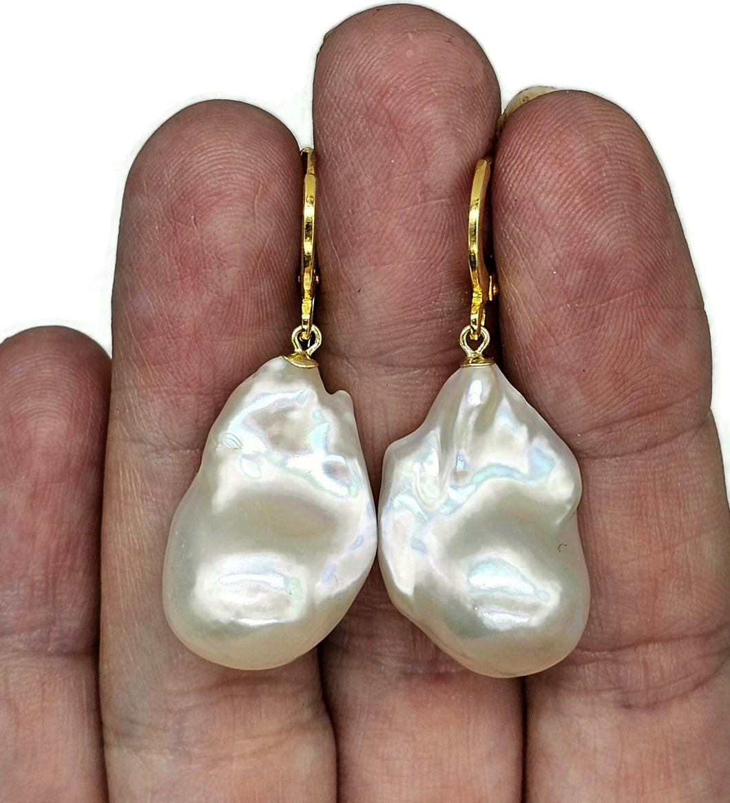 White Flameball Pearl Earrings, Baroque Pearl, Freshwater Pearls, Gold Plated Sterling - GemzAustralia 