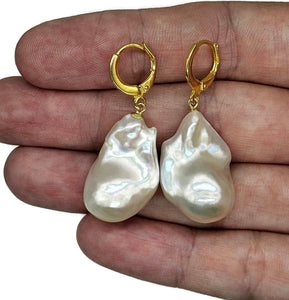 White Flameball Pearl Earrings, Baroque Pearl, Freshwater Pearls, Gold Plated Sterling - GemzAustralia 