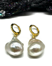 Load image into Gallery viewer, White Flameball Pearl Earrings, Baroque Pearl, Freshwater Pearls, Gold Plated Sterling - GemzAustralia 