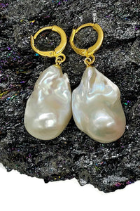 White Flameball Pearl Earrings, Baroque Pearl, Freshwater Pearls, Gold Plated Sterling - GemzAustralia 