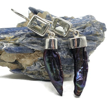 Load image into Gallery viewer, Prasiolite &amp; Black Pearl Earrings, Sterling Silver, August and June Birthstones - GemzAustralia 