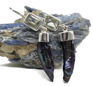 Prasiolite & Black Pearl Earrings, Sterling Silver, August and June Birthstones - GemzAustralia 