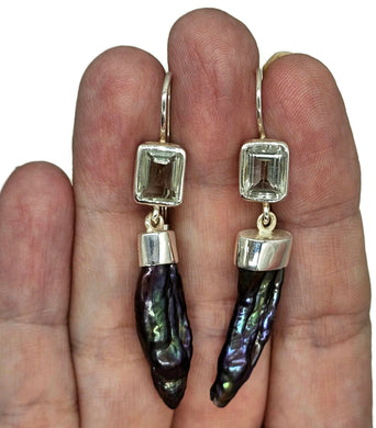 Prasiolite & Black Pearl Earrings, Sterling Silver, August and June Birthstones