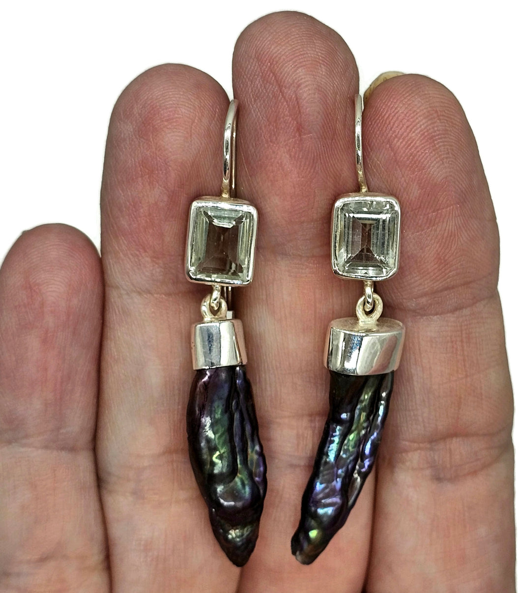 Prasiolite & Black Pearl Earrings, Sterling Silver, August and June Birthstones - GemzAustralia 