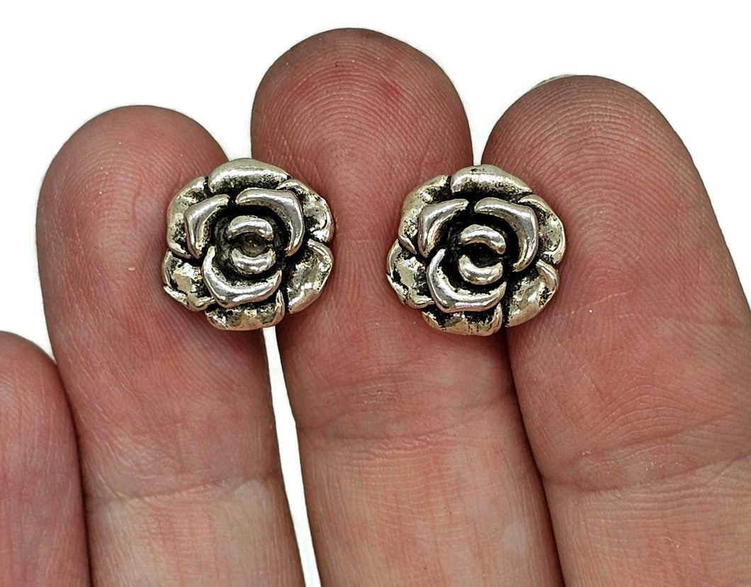 Rose Studs, Sterling Silver, Floral Earrings, Statement Flowers, Love Passion Symbol - GemzAustralia 