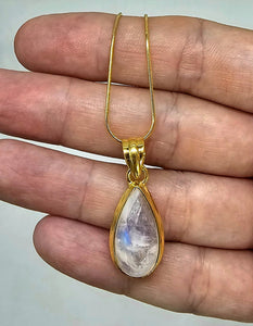 Rainbow Moonstone Pendant, Gold Plated Sterling Silver, Teardrop Shape, Goddess Stone - GemzAustralia 