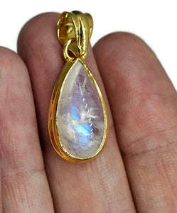 Rainbow Moonstone Pendant, Gold Plated Sterling Silver, Teardrop Shape, Goddess Stone - GemzAustralia 