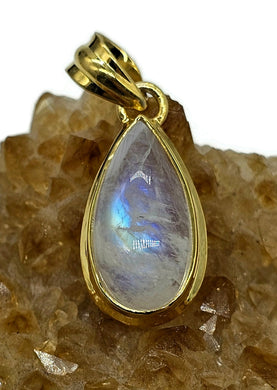 Rainbow Moonstone Pendant, Gold Plated Sterling Silver, Teardrop Shape, Goddess Stone - GemzAustralia 