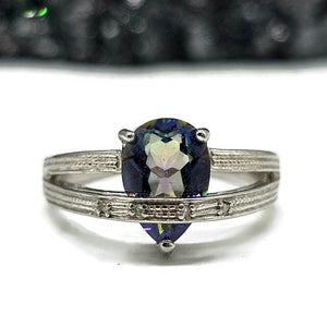 Mystic Topaz Ring, Size O, Sterling Silver, Pear Facet, Blue Purple Green Gemstone - GemzAustralia 