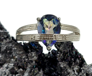 Mystic Topaz Ring, Size O, Sterling Silver, Pear Facet, Blue Purple Green Gemstone - GemzAustralia 