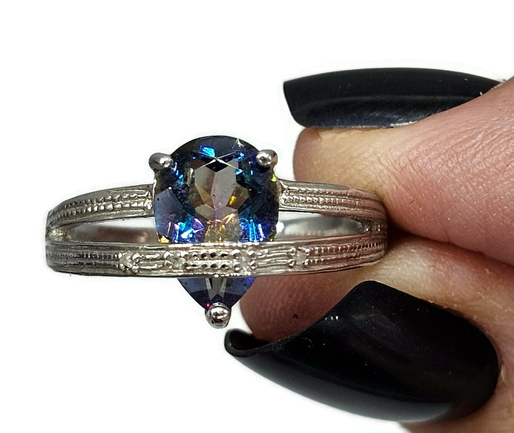 Mystic Topaz Ring, Size O, Sterling Silver, Pear Facet, Blue Purple Green Gemstone - GemzAustralia 