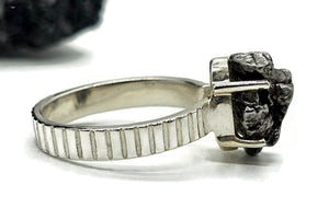 Meteorite Ring, Size M, Sterling Silver, Metallic Grey Gem, 4 prong, Campo del Cielo stone - GemzAustralia 