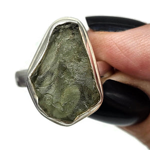 Statement Moldavite Ring, Size R, Sterling Silver, Meteorite Stone, Forest green - GemzAustralia 