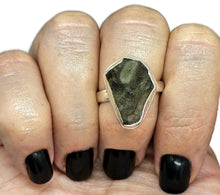 Load image into Gallery viewer, Statement Moldavite Ring, Size R, Sterling Silver, Meteorite Stone, Forest green - GemzAustralia 
