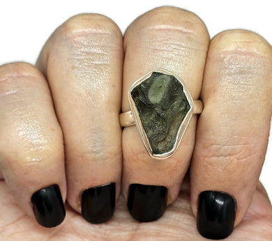 Statement Moldavite Ring, Size R, Sterling Silver, Meteorite Stone, Forest green