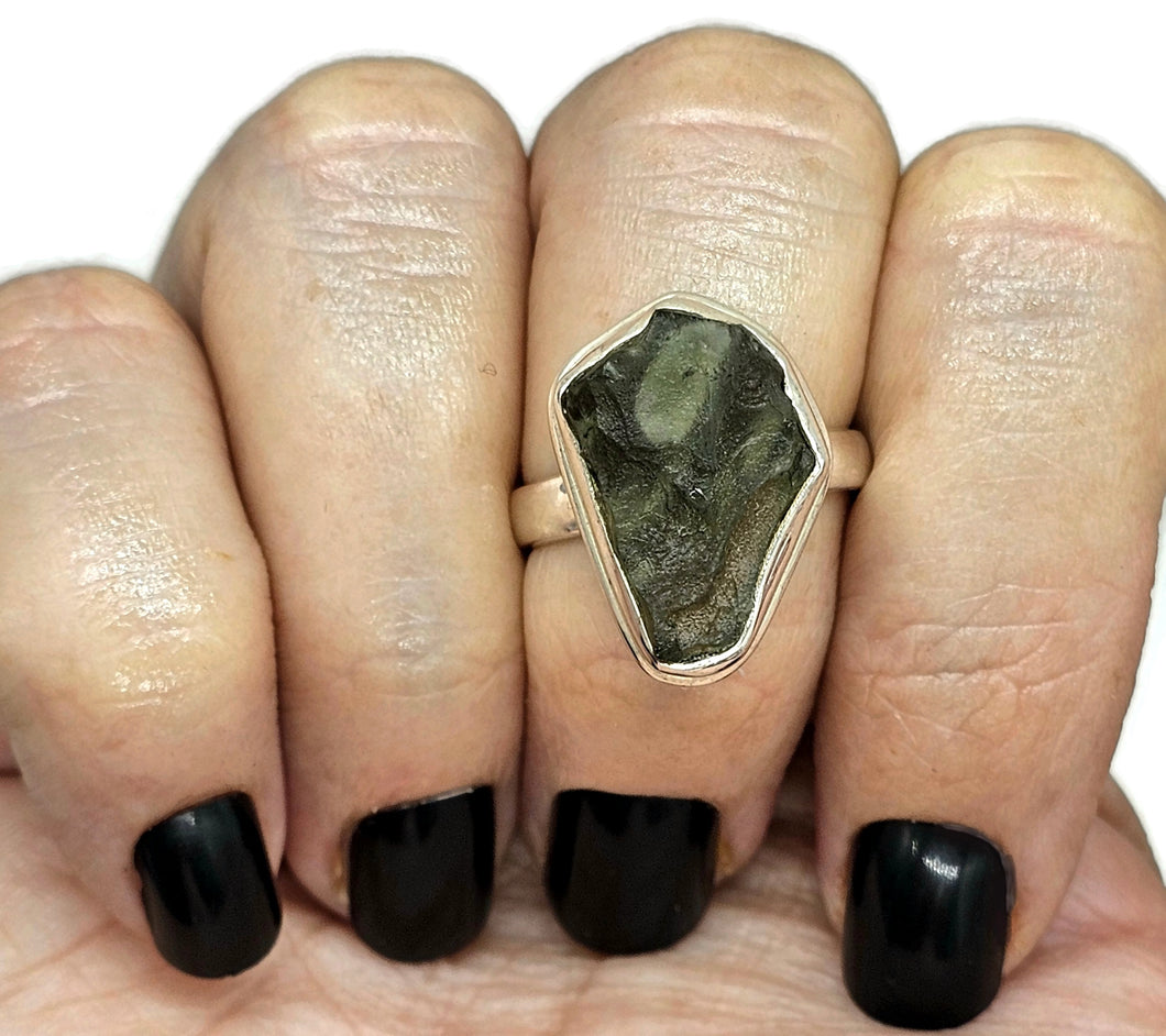 Statement Moldavite Ring, Size R, Sterling Silver, Meteorite Stone, Forest green - GemzAustralia 