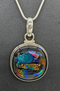 Multi-coloured Dichroic Glass Pendant, Sterling Silver, Round Shaped, Glass Art - GemzAustralia 