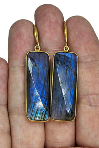 Gorgeous Labradorite Earrings, Rectangle Shaped, 18k gold plated Sterling Silver - GemzAustralia 