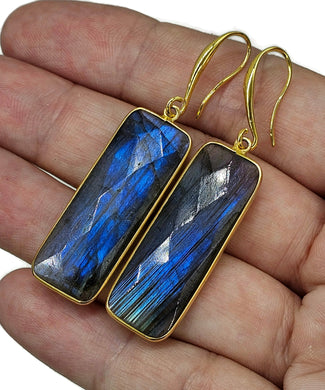 Gorgeous Labradorite Earrings, Rectangle Shaped, 18k gold plated Sterling Silver - GemzAustralia 