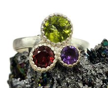 Load image into Gallery viewer, Multi Gemstone Ring, Size O, Sterling Silver, Peridot, Amethyst &amp; Garnet Ring - GemzAustralia 