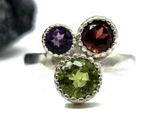 Load image into Gallery viewer, Multi Gemstone Ring, Size O, Sterling Silver, Peridot, Amethyst &amp; Garnet Ring - GemzAustralia 