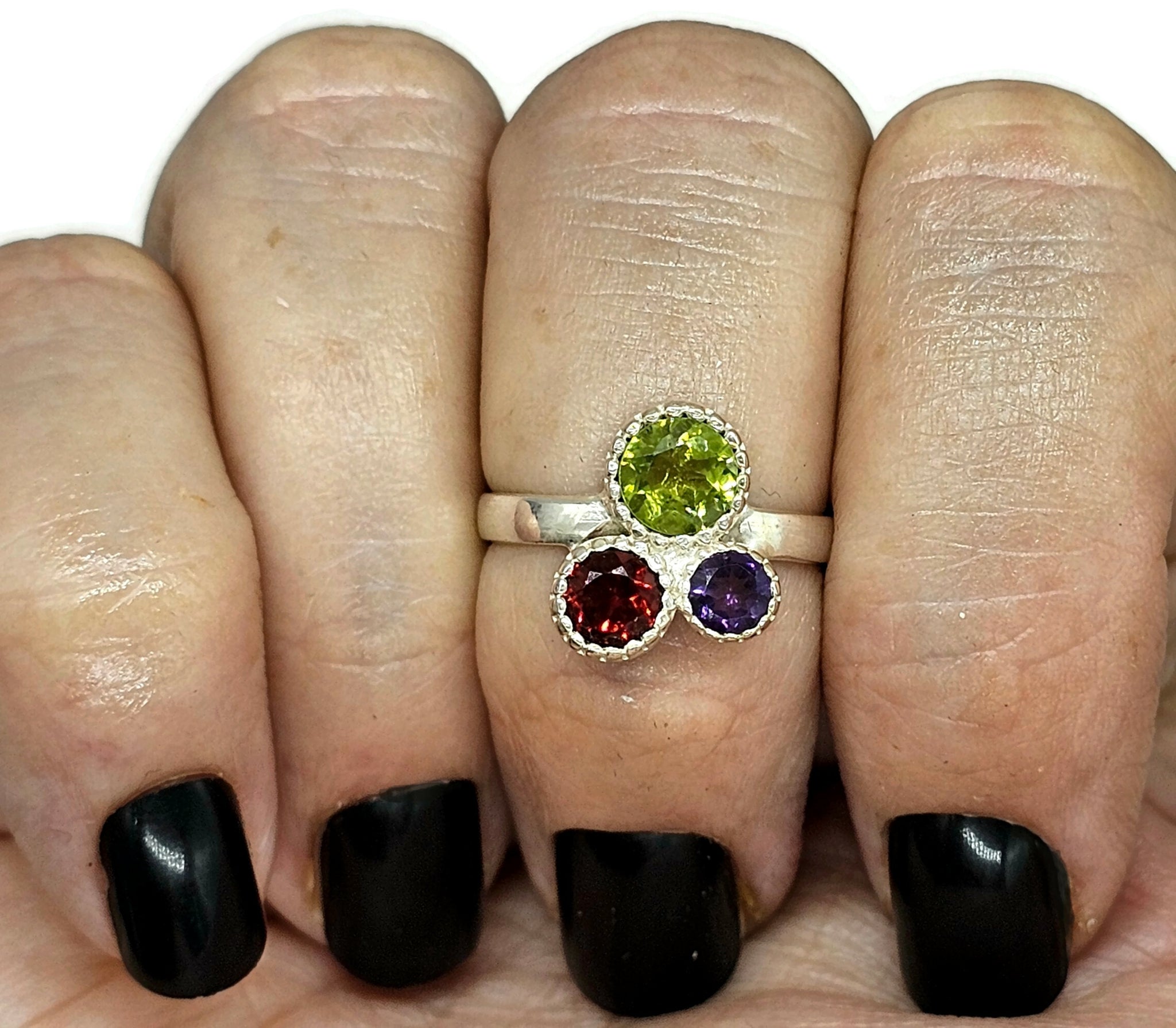 Rainbow Gemstone Ring - Morganite Peridot Amethyst Garnet Silver Women's Ring Size 6-10