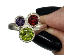 Load image into Gallery viewer, Multi Gemstone Ring, Size O, Sterling Silver, Peridot, Amethyst &amp; Garnet Ring - GemzAustralia 